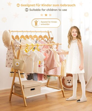 Дитяча вішалка для одягу Yorbay з бамбука, регульована подвійна штанга, з полицями для зберігання, економія місця, натуральний колір