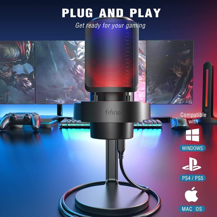FIFINE USB мікрофон для ПК, геймінгу, стрімінгу та запису, з RGB підсвічуванням, PS4/PS5, MAC, з поп-фільтром, чорний