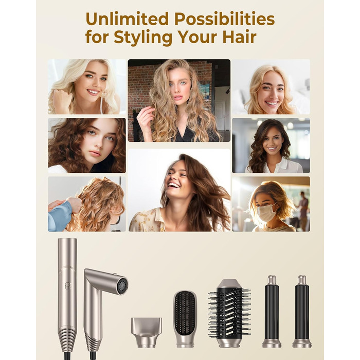 Стайлер для волосся 5 в 1, Набір для укладки волосся, Золотий: Фен, Іонний, Локони, Випрямлення, Об'єм