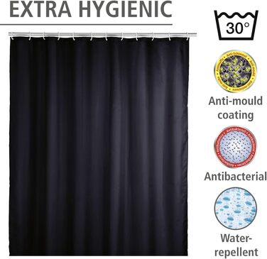 Штора для душу WENKO Anti-Schimmel чорна, текстильна, антигрибкова, водонепроникна, з кільцями, 180x200 см