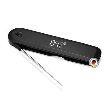 Burnhard Instant-Read Thermometer, Folding, Grill Thermometer + Leather Protective Case, Roast Thermometer, Ultra-Fast Measurement, 1.5mm Probe, 180° Invisible-Off LED Display, USB Rechargeable