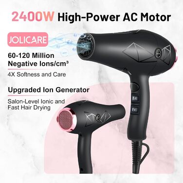 Фен Jolicare з іонізацією та насадкою-дифузором, 2400W, блакове світло, професійний для локонів, салонний, з 1 дифузором та 2 концентраторами, 3 температурні режими, 2 швидкості (Чорний)