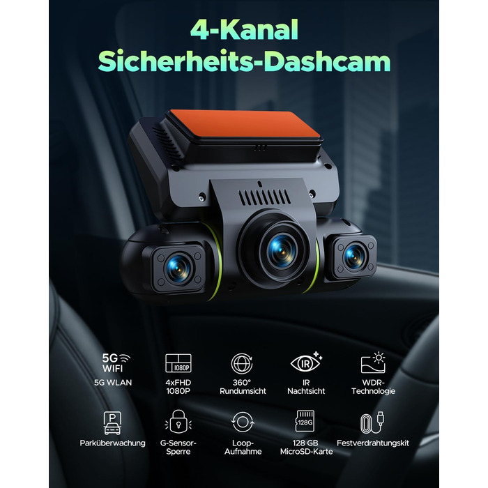 Відеореєстратор LAMTTO 360° з 4 камерами: передня, задня, внутрішня + паркувальний монітор. 5G WiFi, APP-керування, IR нічне бачення, комплект для підключення до акумулятора, SD-карта 128GB.