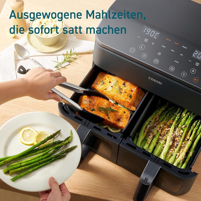 Фритюрниця з двома камерами COSORI Airfryer 8,5 л, 8-в-1, подвійна зона, з віконцем, енергозберігаюча, для 1-5 осіб, чорна