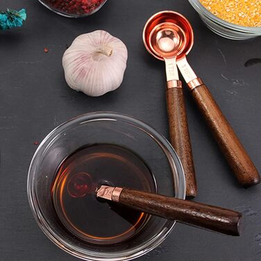 Alnicov Measuring Cups & Measuring Spoons 8-Piece Set, rose gold measuring spoons with walnut handle for the kitchen for measuring various ingredient quantities. For kitchen, cooking, and baking.