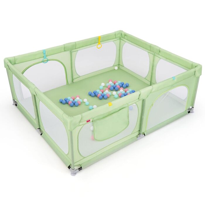 LIFEZEAL Playpen Baby 189 x 158 cm, Safety Play Area Children's Playpen with Super Soft, Foldable Baby Playpen made of Oxford Cloth with Handbag, 50 Ocean Balls, 4 Toddler Rings (Green)