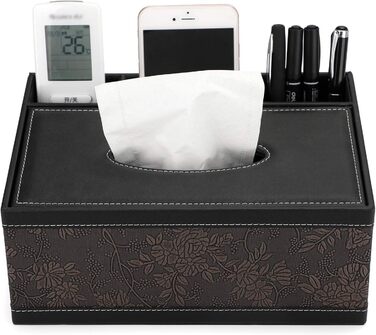BSTKEY Rectangular Tissue Box Holder made of PU Leather with Remote Control, Storage Box (Black Flower)
