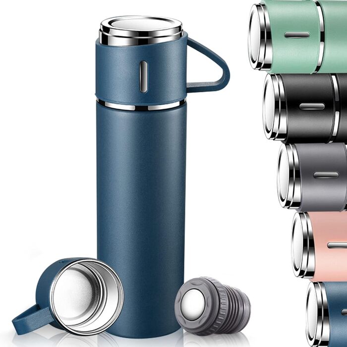 500ml Stainless Steel Thermos Flask with Cup and Handle - Leakproof Vacuum Insulated Travel Bottle for Kids, Sports (Black & Blue)