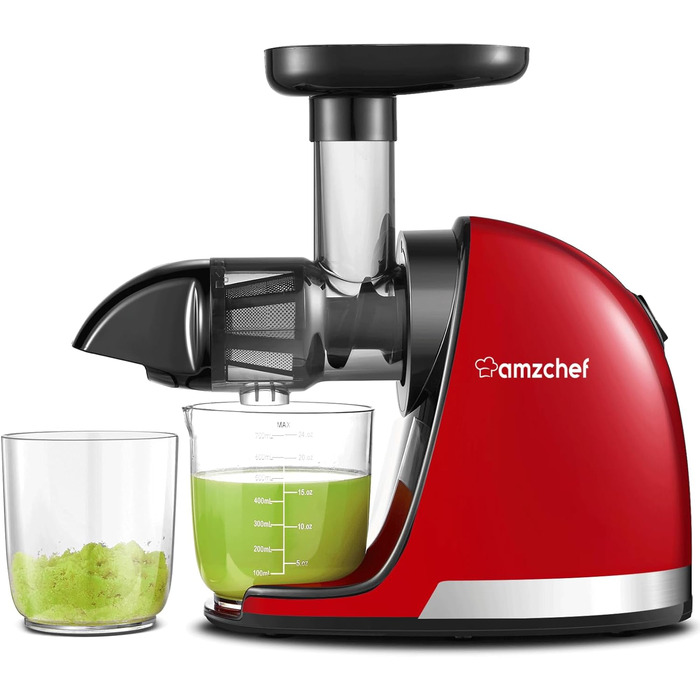 AMZCHEF Juicer for Vegetables and Fruits - Slow Juicer with Reverse-Chewing Function - Gentle Crushing without Filtering - Electric Juicer with Brush and 2 Cups - Rojo