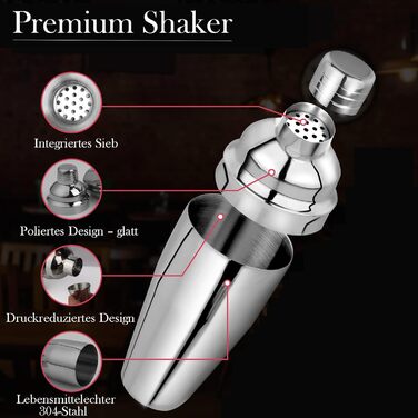 Набір для коктейлів 6 предметів з нержавіючої сталі, 750 мл, з аксесуарами та рецептами для дому, бару, вечірок (23 предмети)