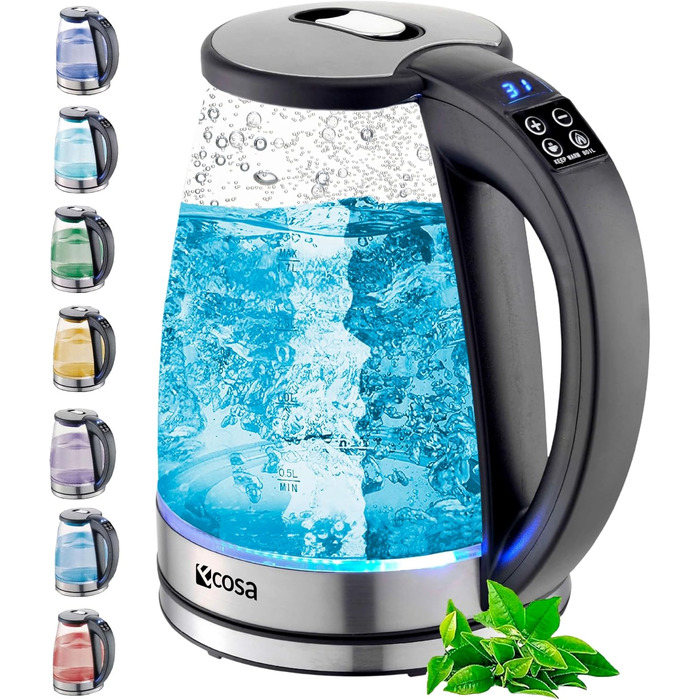 Електричний чайник Ecosa® зі скляною колбою та нержавіючою сталлю, 1,8 л, 2200 Вт, регулювання температури 40°C-100°C, з підігрівом, LED-підсвічуванням, BPA Free