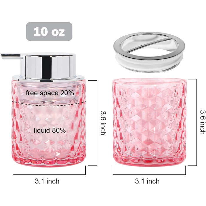 Pink bathroom accessory set made of glass, including a toothbrush holder, soap dispenser, and cup, a foaming soap dispenser, and a toothbrush holder, 3 pink bathroom cups for brush, toothpaste.