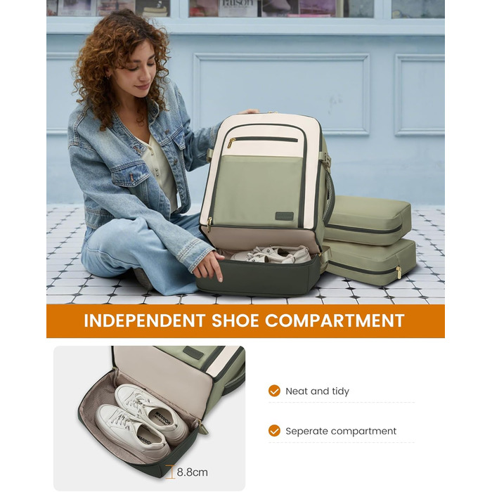 LOVEVOOK Рюкзак для ручної поклажі 40L з окремим відділенням для взуття, жіночий, для подорожей (3 шт.) Бежевий, Зелений