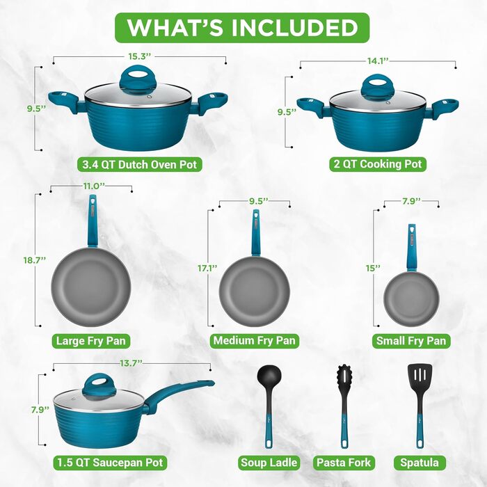 NutriChef Professional 12-Piece Nonstick Cookware Set – PFOA/PFOS-Free, Heat-Resistant Coating, Elegant Design, Pots and Pans in Various Sizes, Teal/Gray/Green