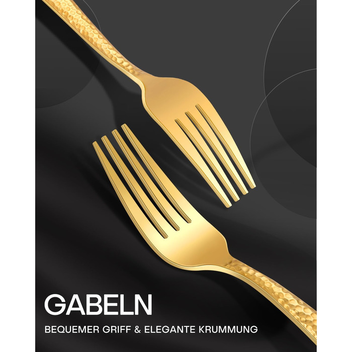 HONKKU 30-Piece Flatware Set, 6 People, Gold, Thickened Stainless Steel Cutlery Set with Hammered Handle, Eating Cutlery Set with Knife, Fork, Spoon, Mirror Polished, Dishwasher Safe