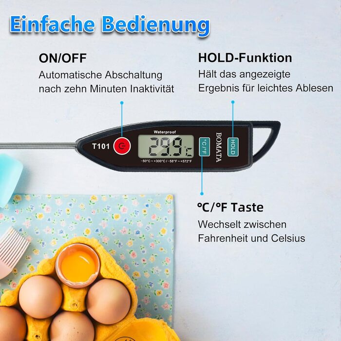 Термометр кулінарний BOMATA IPX7 вологостійкий, для м'яса, гриля та приготування їжі. T101 чорний