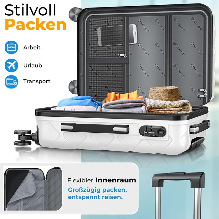 Валіза KESSER® 120L з ABS-пластику з кодовим замком, вагами та органайзером, 360° обертання, для подорожей та бізнесу, телескопічна ручка, білий (55см)
