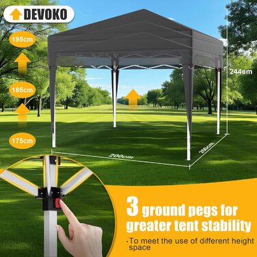 Devoko Gazebo, 2x2 Meter Waterproof, Stable, Winter-Proof, 3-Position Height Adjustment, Foldable Gazebo UV Protection 50+, Folding Tent, Foldable Gazebo with Carry Bag, For Garden, Outdoor, Camping, Grey