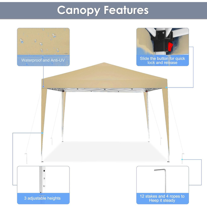 COBIZI Pavilion - Waterproof, Stable, Winter-Proof, Foldable, Pop-Up Gazebo/Party Tent for Beach, Wedding, Garden - with 4 Side Panels, UV Protection 50+, Adjustable Height (Khaki, 3x3m)