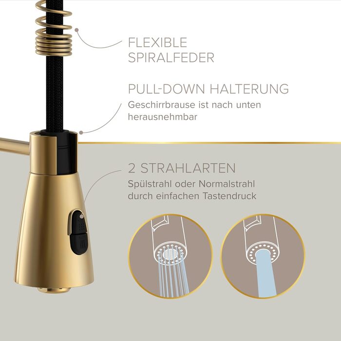 Кухонний змішувач Lenz KALANI² в золотистому кольорі – з регульованою насадкою для миття посуду – проста установка та високоякісне виконання - 46070322 (Для високого тиску, Золото)