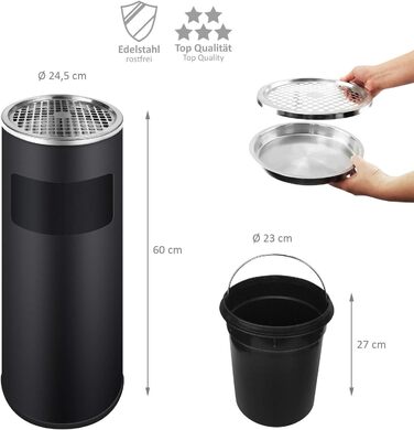 WELLGRO Standaschenbecher з нержавіючої сталі 2в1 для вулиці: попільничка та сміттєвий бак. Стійкий до погодних умов, великий попільничний бак для тераси, входу та комерційних приміщень (чорний)
