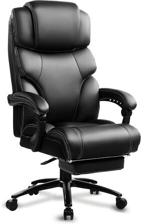 KCREAM Ergonomic Leather Office Chair with Footrest - High Back Executive Desk Chair, Adjustable Armrests, Swivel, Height Adjustable (Black)