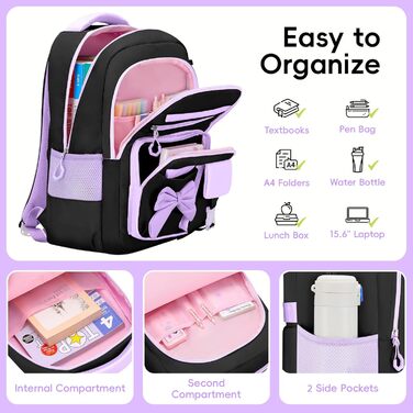 Шкільний рюкзак для дівчаток 3 в 1: рюкзак, ланч-бокс, пенал. Kawaii дизайн, 3-7 клас, для гімназії. Антикрадіжна сумка, 24L, фіолетово-чорний колір.