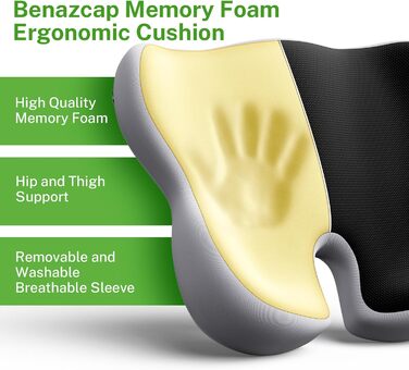 Ортопедична подушка для сидіння Benazcap з Memory Foam - для офісного крісла, автомобіля, інвалідного візка. Зменшує біль у куприку. Чорний/Сірий колір