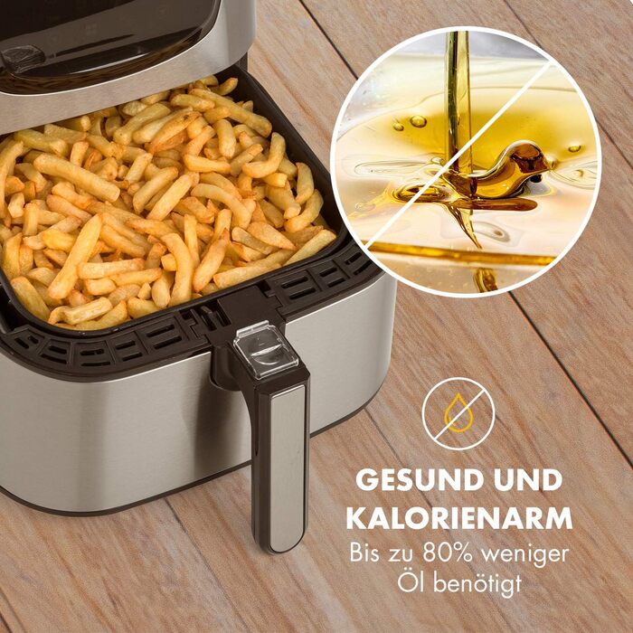 Klarstein Aero Vital deluxe - Hot Air Fryer, Deep Fryer, 1700 Watts, 5.4 Liter Volume, LCD Touch Display, 8 Pre-installed Programs, Stainless Steel, Thermostat, Timer, Energy-Saving, Silver Stainless Steel Hot Air Fryer