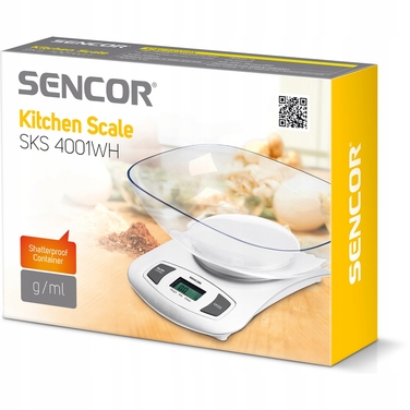 Електронні кухонні ваги Sencor SKS 4001 з чашею та LCD-дисплеєм, до 5 кг, білі