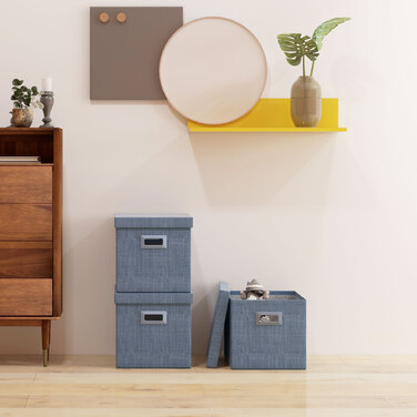 HOMCOM Storage Boxes 3-Piece Set, Stackable Storage Cubes, Foldable Storage Box for Living Room, Bedroom, 30 x 30 x 29 cm, Blue | Aosom