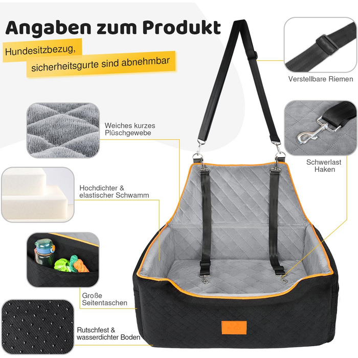 GL GLENSLAVE Dog Car Seat for Medium/Large Dogs - Elevated Pet Seat for Dogs Up to 25kg or 2 Small Dogs - Removable & Washable with Thick Cushions & Storage Pockets (Black/Gray)