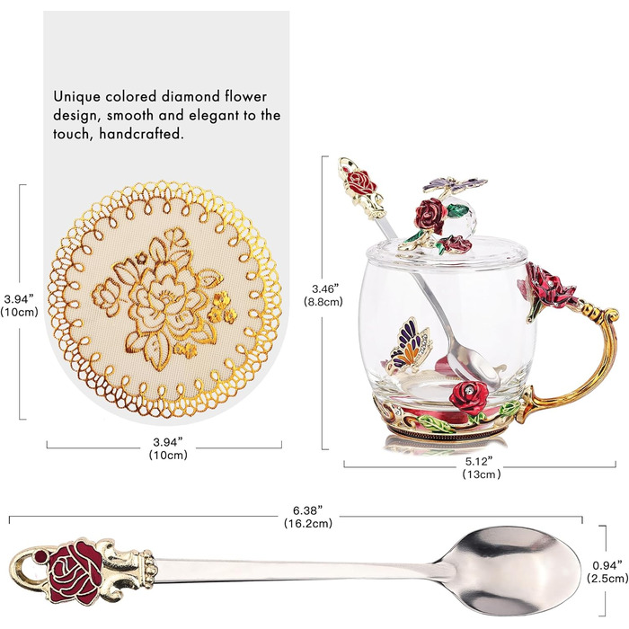 Enamel Butterfly Flower Tea Cup Sets with Spoon and Lid, Glass Coffee Mugs, Wedding Birthday, Valentine's Day, Christmas, Gift for Women Wife Friend (Pink)