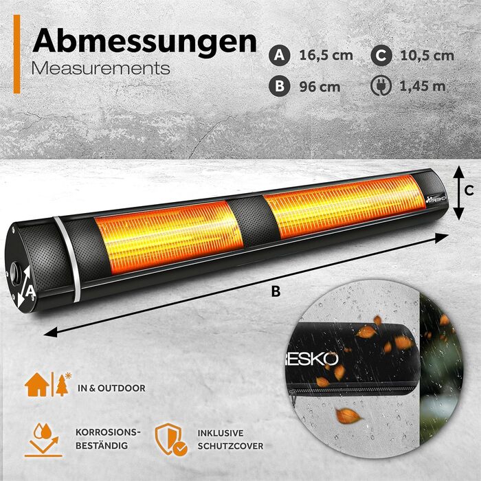 Інфрачервовий обігрівач TRESKO 3000W з пультом дистанційного керування | Тепловий струмінь для тераси, електричний, 3 режими | Обігрівач для тераси, внутрішній та зовнішній | Настінний інфрачервовий обігрівач, обігрівач для пеленального столику, чорний