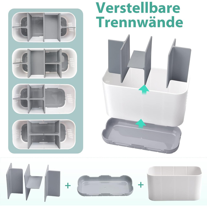 Тримач для електричної зубної щітки сірого кольору. Організатор для ванної кімнати з регульованими перегородками. Підходить для сім'ї та дітей.