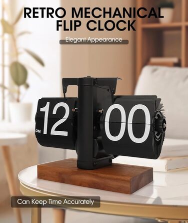 Yusat Retro-Flip Clock, Vintage Table Clock, digital, automatic flipping, battery-powered, mechanical desk clock, black, ideal for home, office, room decoration (Battery