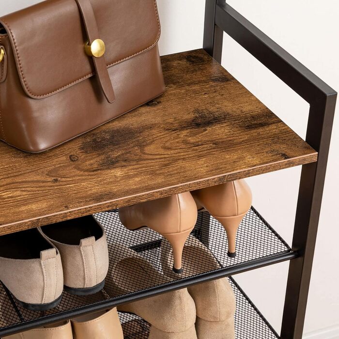 HOOBRO Coat Rack, 5-Tier Shoe Shelf, Wardrobe, Clothes Rack with 5 Removable Hooks, Top Shelf, Entryway, Living Room, Vintage Brown-Black EBF74MT01