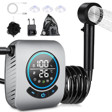 Портативна душ для кемпінгу з насосом та індикатором температури, 8000mAh, сірий. Комплект для відпочинку на природі, автомийки, пляжу, подорожей та догляду за тваринами.