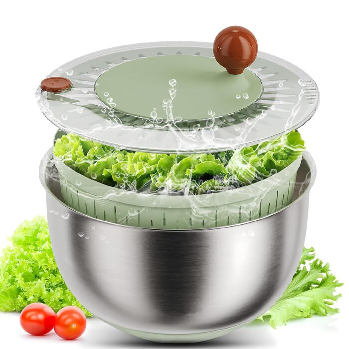 Салатниця-центрифуга з нержавіючої сталі, 500 г об'єму, 5 л, ручний привід з ручкою, неслизький кришка та випуск води, придатна для миття в посудомийній машині, ідеальна для свіжих салатів та овочів