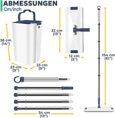 Набір для миття підлоги з відром, система чистої води, розділення чистої та брудної води: ультра-гігієнічний, легке прибирання, повний набір для миття підлоги, плоский моп, самоочищення, мікрофібровий накладний матеріал