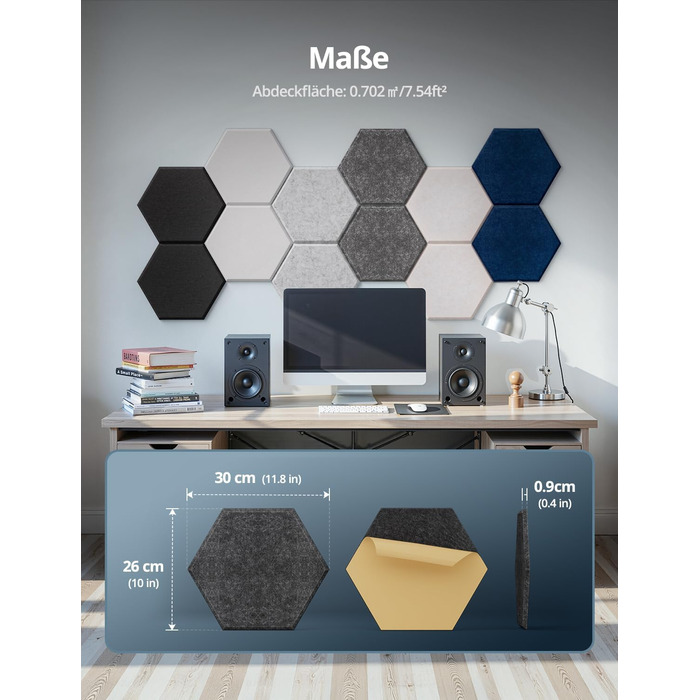 Акустичні гексагональні панелі самоклеючі для звукоізоляції, 12 шт, поглинач шуму для студії, вітальні, геймерської кімнати та офісу, 30 x 26 x 0,9 см (Темно-сірий)