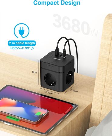 Багатофункціональний розподільник розеток 6 в 1 з USB-C, 3 розетки, індивідуальне вмикання, плоский штекер, кабель, 1 USB-C, для офісу, дому, подорожей (2м, чорний)