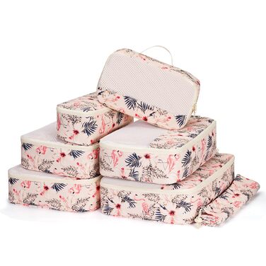 Органайзер для валізи Narwey 7 шт. Набір кубиків для пакування, рюкзак, органайзер для подорожей, дорожні сумки (Смугастий) (Z-бежевий Фламінго)