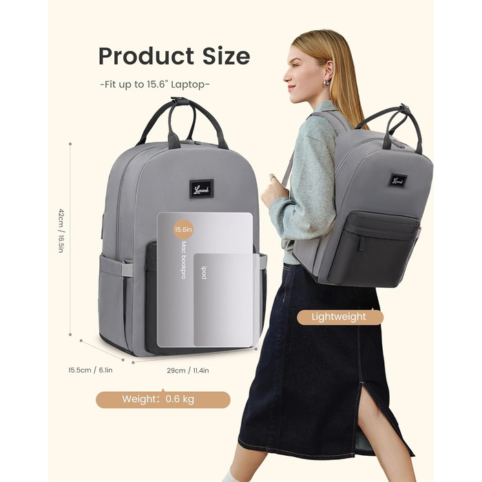 LOVEVOOK Рюкзак для жінок, шкільний рюкзак для ноутбука, 15.6 дюймів, для підлітків, дівчаток, універсальний, міський, водонепроникний, для школи, університету, подорожей (Сіро-блакитний)