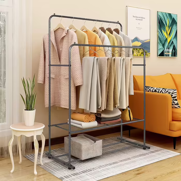JURMERRY Freestanding Clothes Rack, Double Hanging Rail, High-Performance Metal with Shelf, Commercial Grade, (Silver)