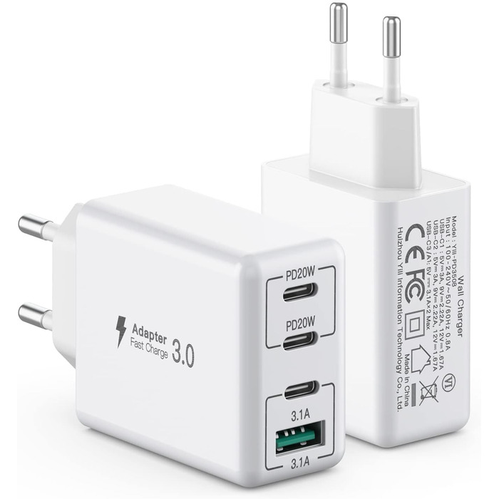 Блок зарядки USB C 40W 4-портовий, Швидка зарядка PD+QC, Багатопортовий для iPhone/Samsung/Tablet, Білий (2 шт. в упаковці)