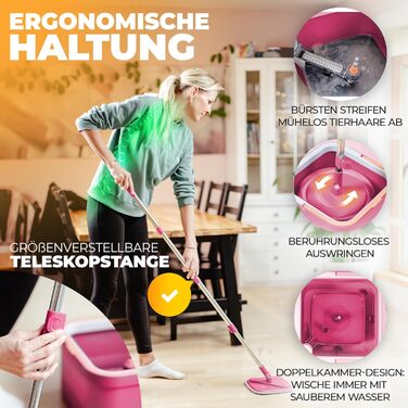 ALANBERG® Mop Set with Bucket – 2-Chamber System for Dirt & Fresh Water Separation – Self-Wringing, Microfiber Mop Pads – Floor Mop for all Floors, Pink