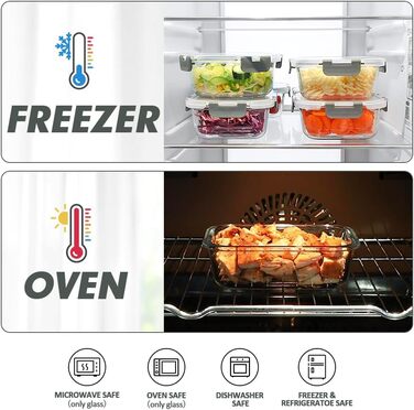VERONES 24-Piece Crisper Set, Airtight Glass Lunch Boxes, Stackable with Lid, Freezer and Dishwasher Safe, Grey