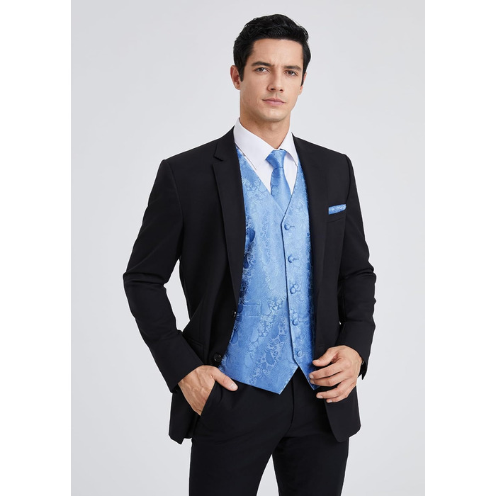 Жакет для костюма чоловічий світло-блакитний з паєтками, комплект з краваткою та нагрудником, елегантний блакитний костюмний жакет HISDERN, розмір M