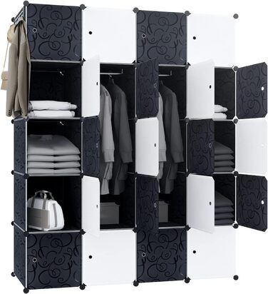 Wardrobe, Plastic Wardrobe, DIY Cube Wardrobe 20 Cubes, Shelf System Bedroom Wardrobe – Black, 145 x 37 x 178 cm